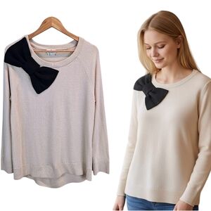 NWT Kate Spade NY Cream Wool Cashmere Sweater Black Bow Shoulder Medium Coquette